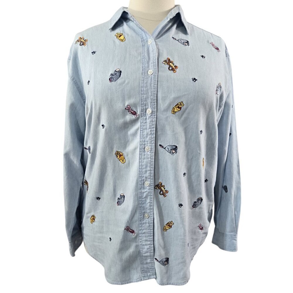 Vintage Disney Winnie The Pooh Embroidered Blue Button-Up Shirt 100% Cotton